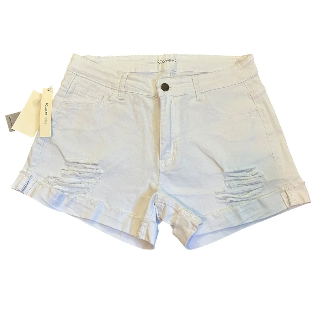 Roswear Womens White Distressed Denim‎ Shorts High Waisted Frayed Hem Size L NEW